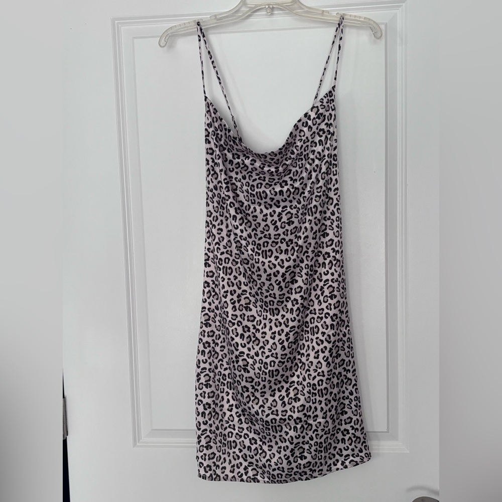 Leopard print satin feel spaghetti strap dress. Mid length. Size Small